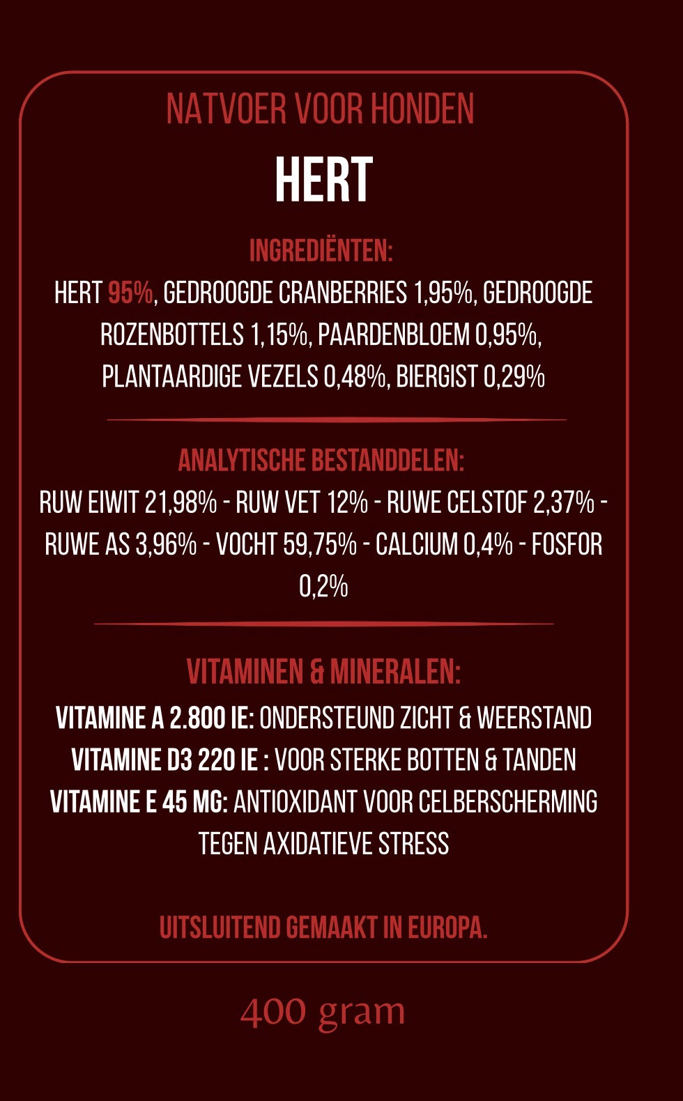 Natvoer Hert 95% - Monoproteïne & Graanvrij